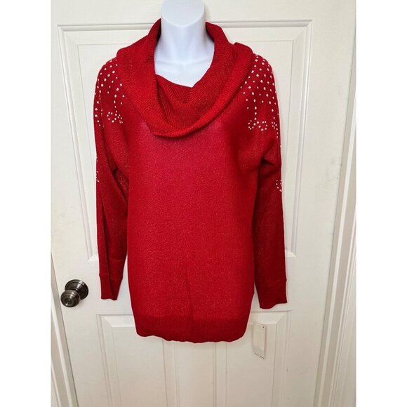 Ruby Rd. Small Womens Red Cowl Neck Sweater With Rhinestone Accents Long Sleeve - Picture 9 of 13